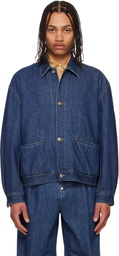 SOSHIOTSUKI Blue Manipulation Drape Pocket Washed Denim Jacket