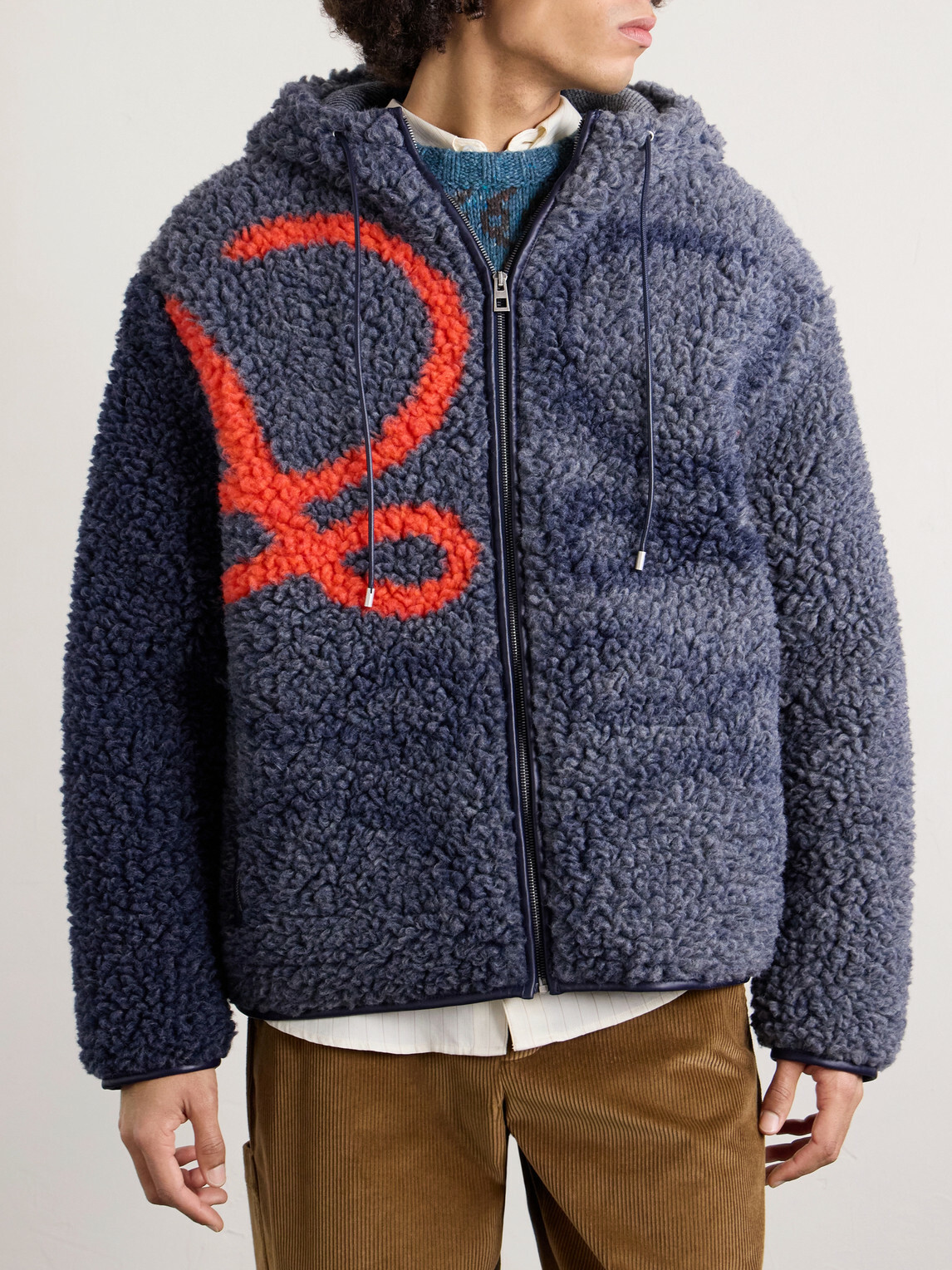 LOEWE - Leather-Trimmed Fleece-Jacquard Hooded Jacket - Blue