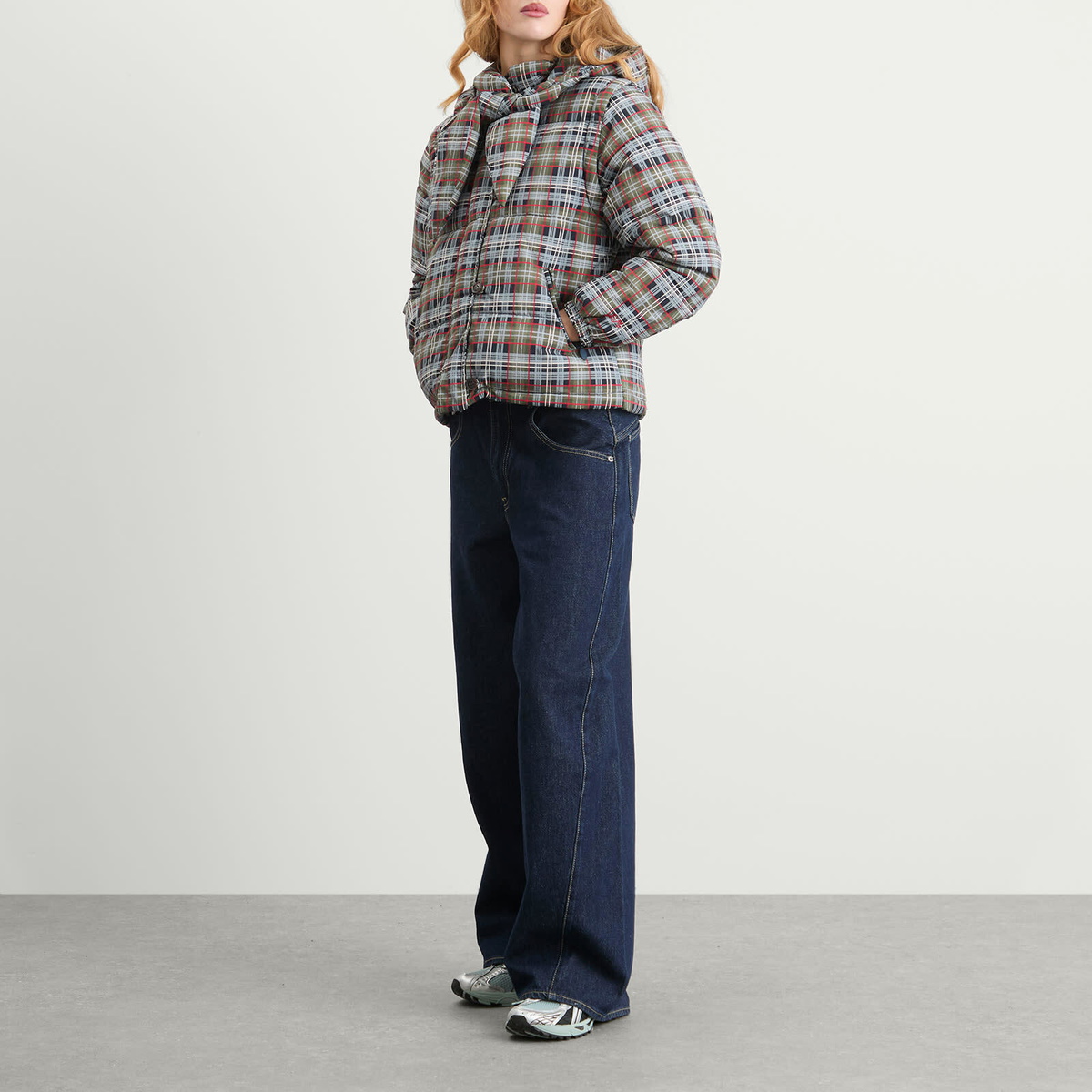 Damson Madder Women's Pearl Tartan Check Puffer Jacket in Multi