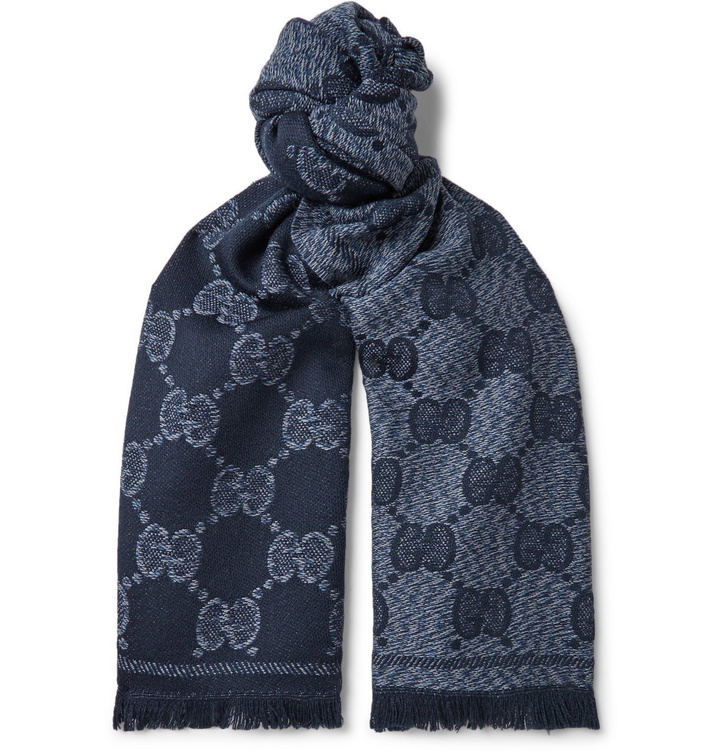 Photo: Gucci - Fringed Logo-Intarsia Wool Scarf - Blue