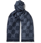 Gucci - Fringed Logo-Intarsia Wool Scarf - Blue