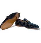 Gucci - New Jordaan Horsebit Leather-Trimmed Logo-Embroidered Velvet Loafers - Navy