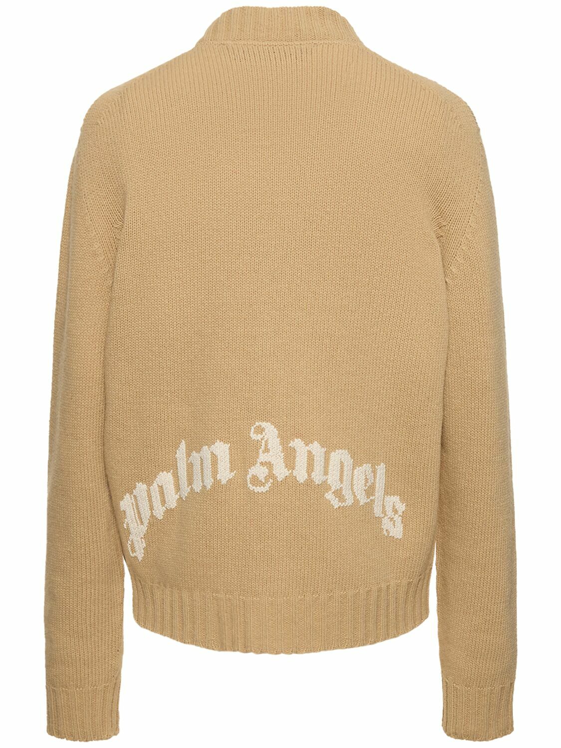 PALM ANGELS - Curved Logo Wool Blend Cardigan