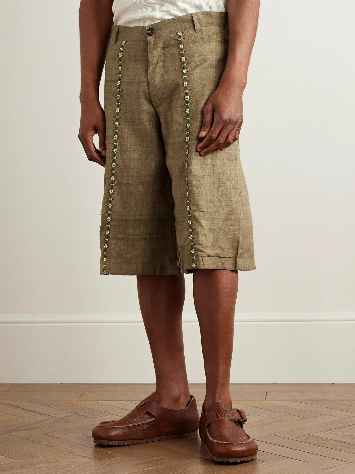 Kartik Research - Straight-Leg Embellished Slub Silk-Voile Shorts - Green