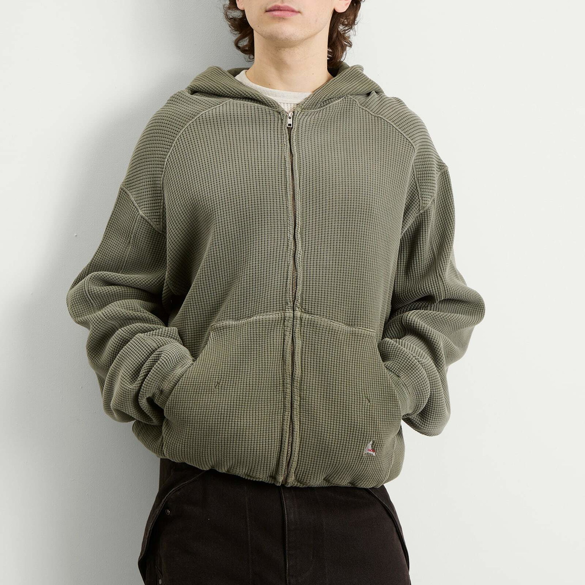 ROA Men's Bee Sun Faded Waffle Zip Up Hoodie in Olive