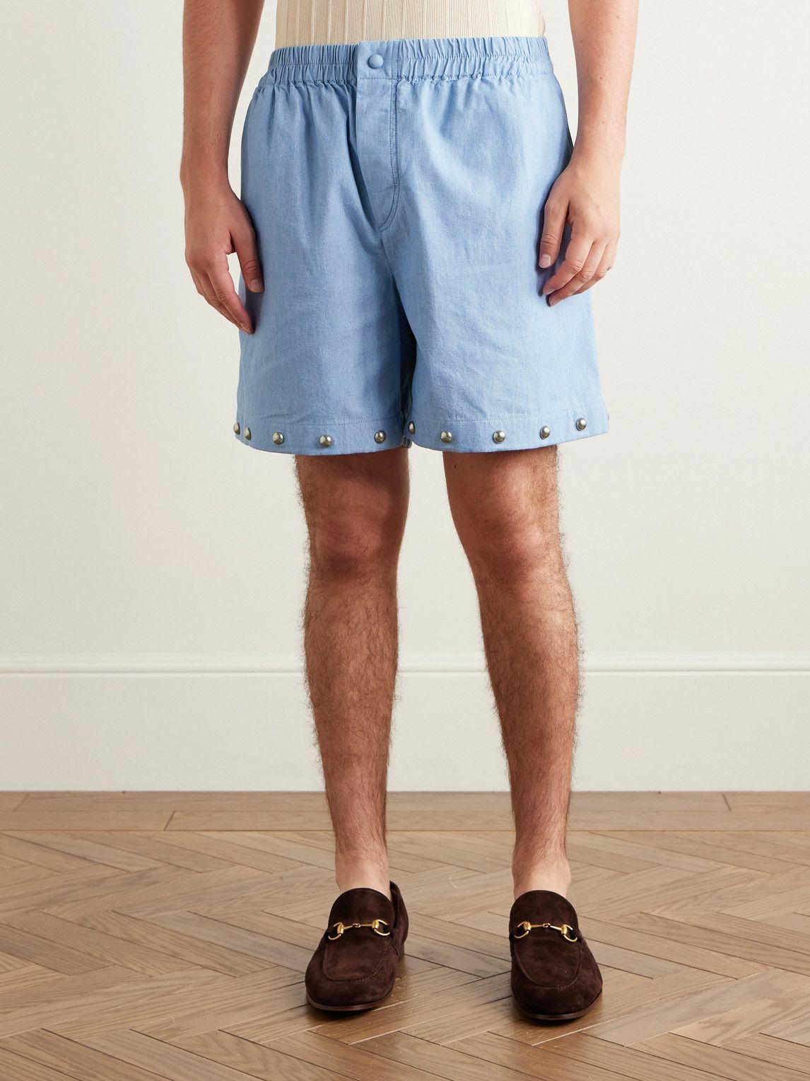 Valentino Garavani - Straight-Leg Studded Cotton-Chambray Shorts - Blue