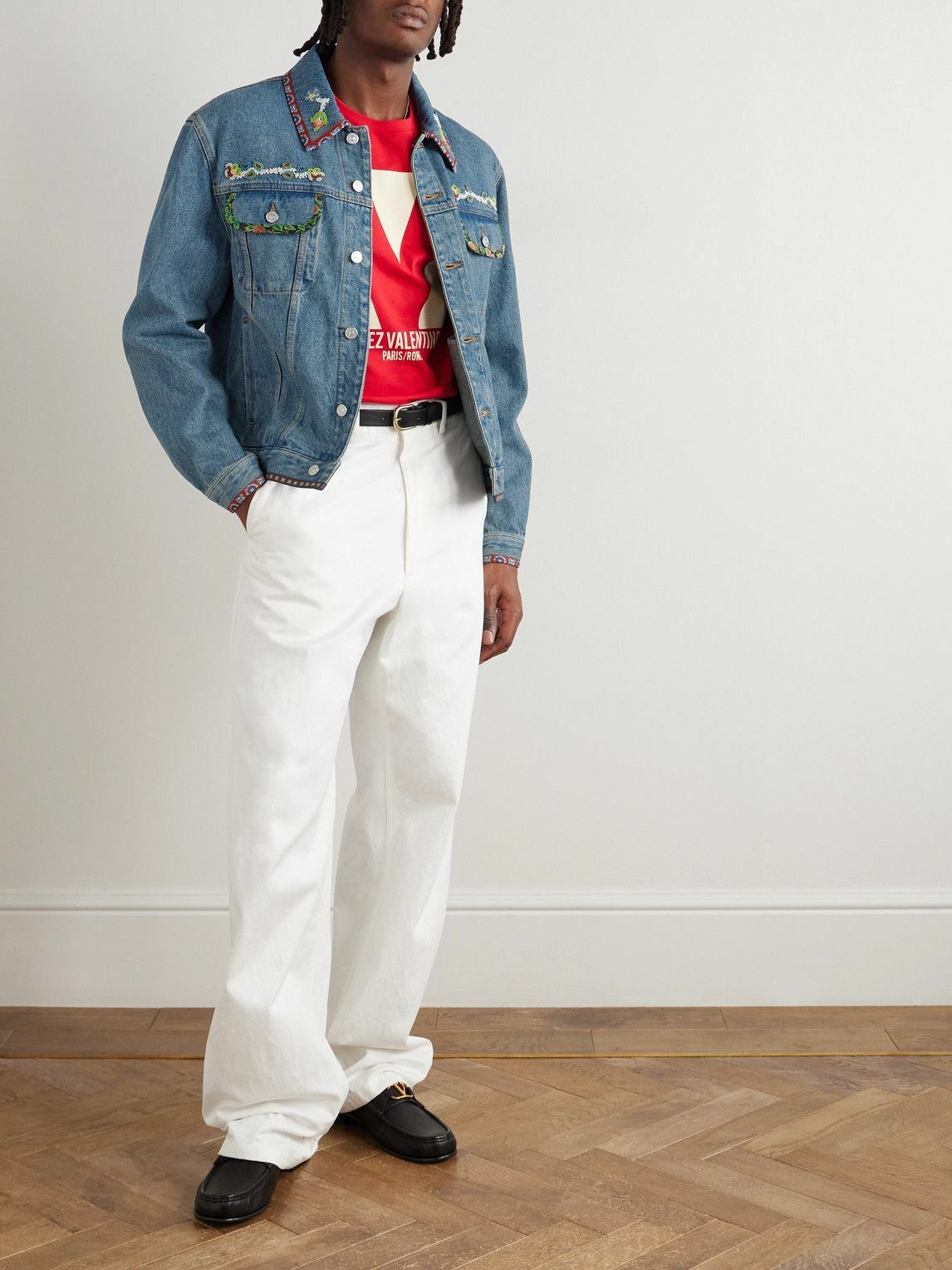 Valentino Garavani - Bead-Embellished Floral-Trimmed Denim Jacket