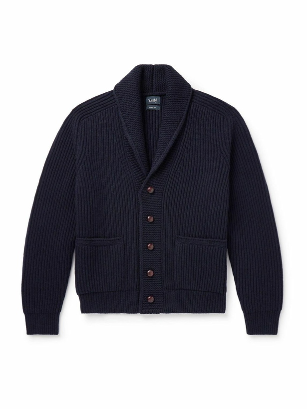 Photo: Drake's - Shawl-Collar Ribbed Wool Cardigan - Blue