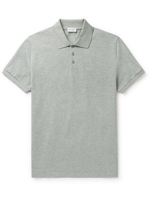 Photo: SAINT LAURENT - Logo-Embroidered Cotton-Piqué Polo Shirt - Gray