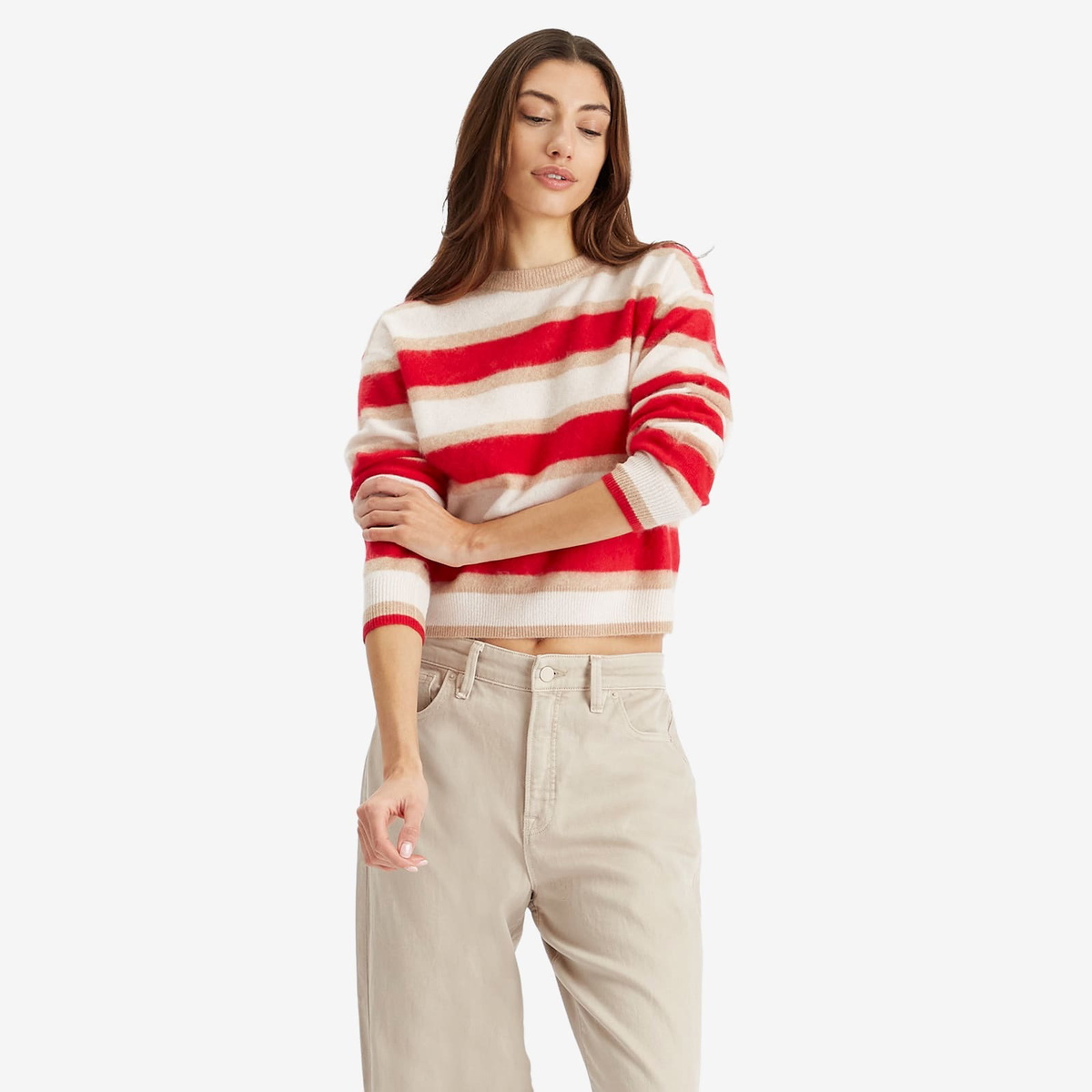 GUEST IN RESIDENCE Women's Grizzly Stripe Crew In Cashmere in True Red Combo