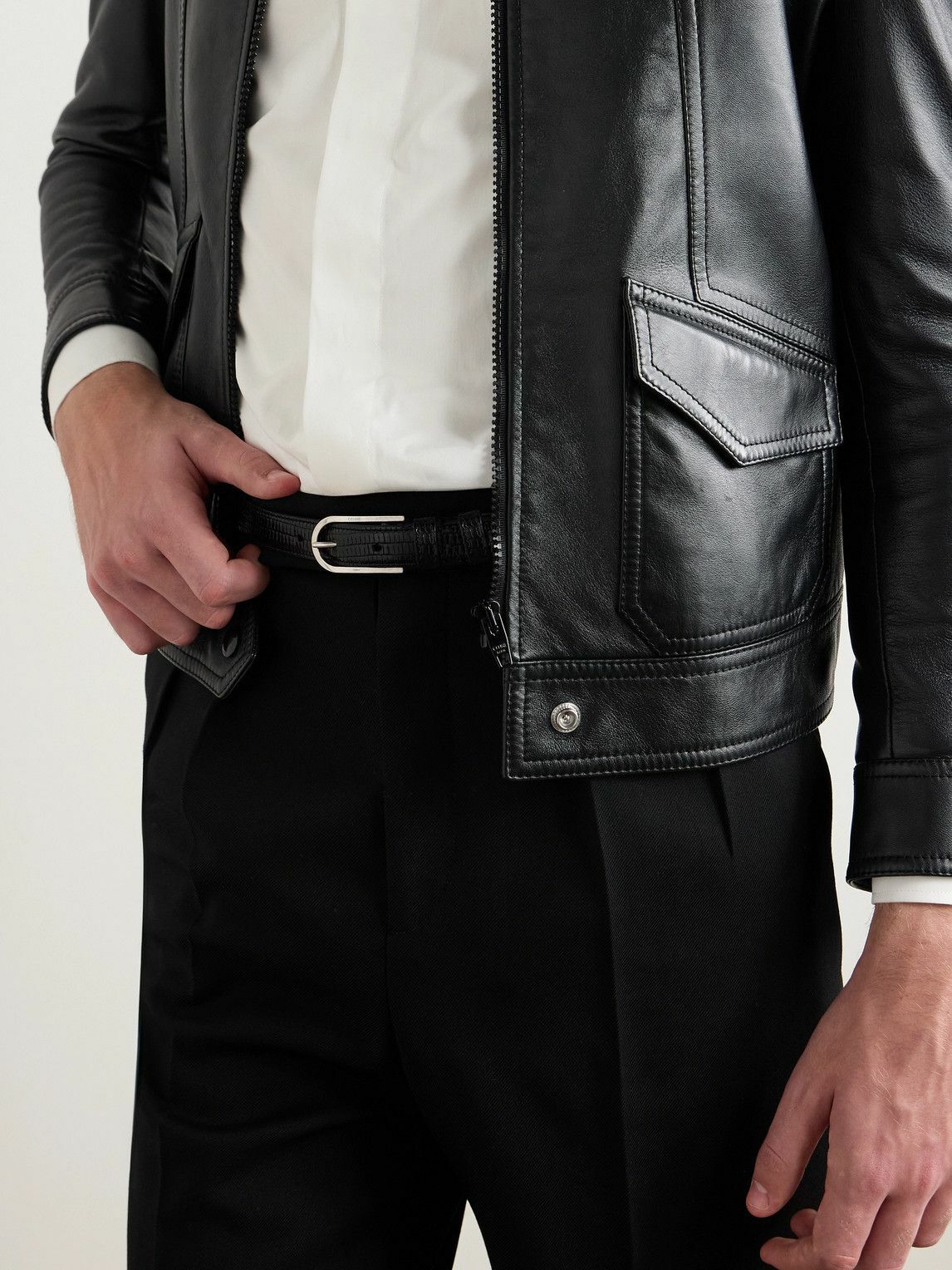 CELINE - 2cm Lizard-Effect Leather Belt - Black