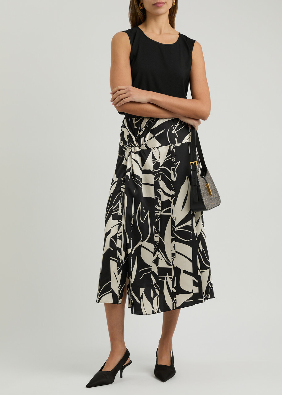 High On Point Printed Satin Midi Skirt Beige