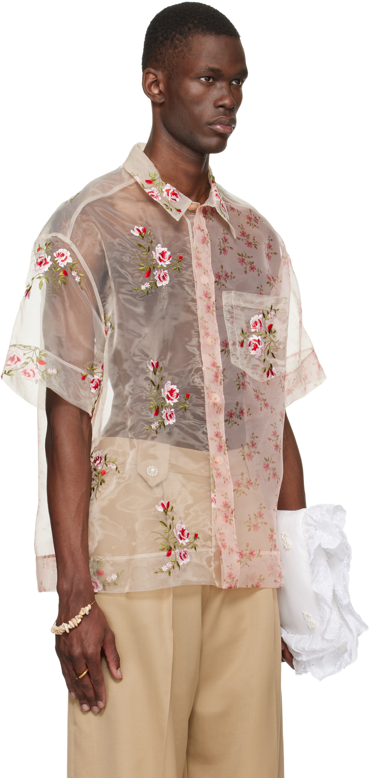 Simone Rocha Pink Sheer Patchwork Boxy Shirt