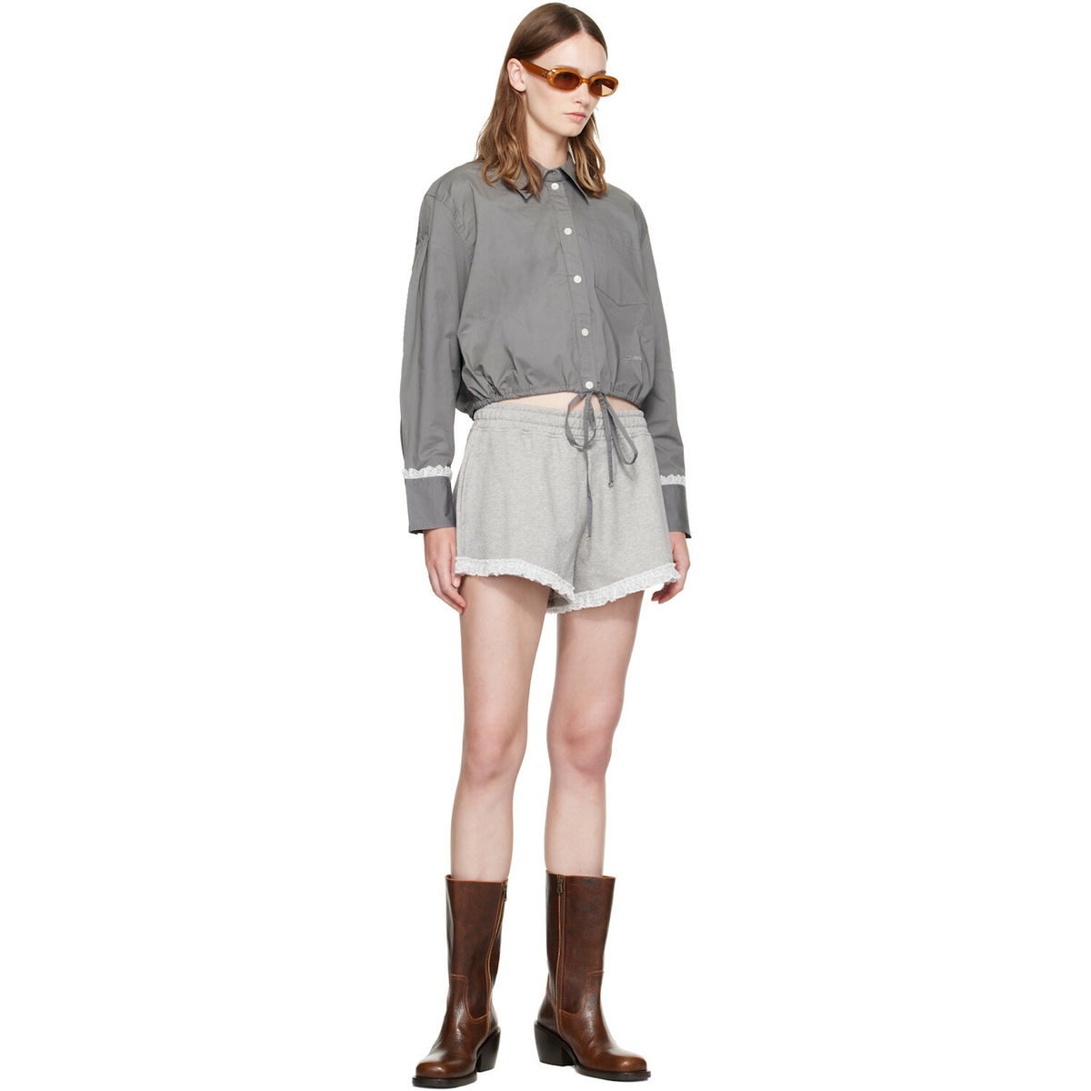 GANNI Gray Stretch Cotton Cropped Bowling Shirt
