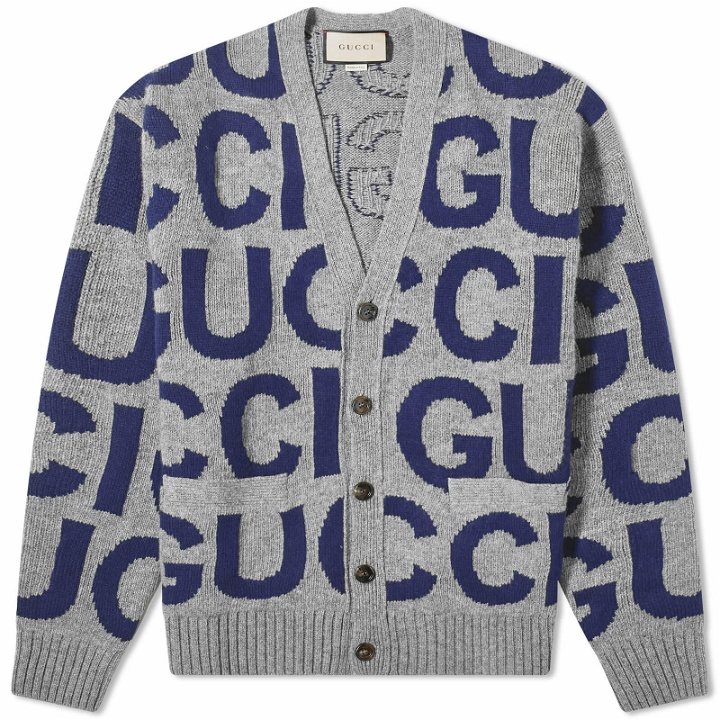 Photo: Gucci Men's Intarsia Logo Knit Cardigan in Grey/Blue