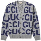 Gucci Men's Intarsia Logo Knit Cardigan in Grey/Blue
