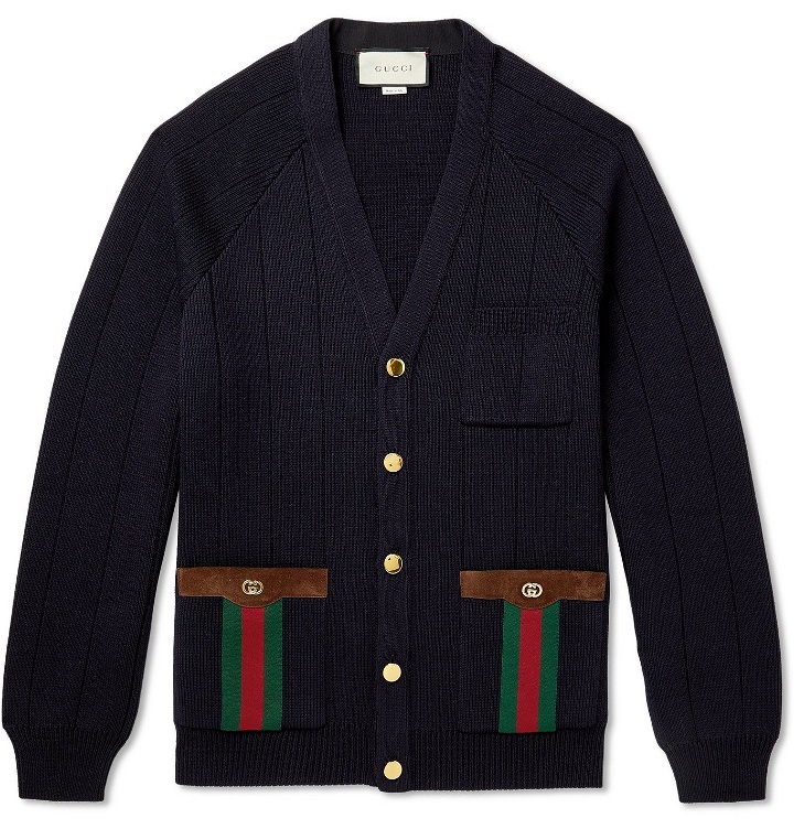 Photo: Gucci - Horsebit Suede and Webbing-Trimmed Wool-Blend Cardigan - Blue