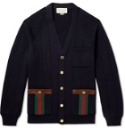 Gucci - Horsebit Suede and Webbing-Trimmed Wool-Blend Cardigan - Blue