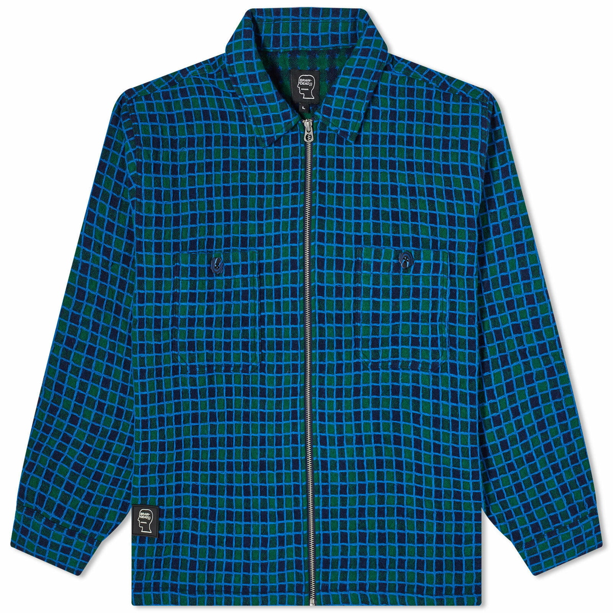 Brain Dead Men's Check Mate Flannel Zip Shirt Jacket in Navy