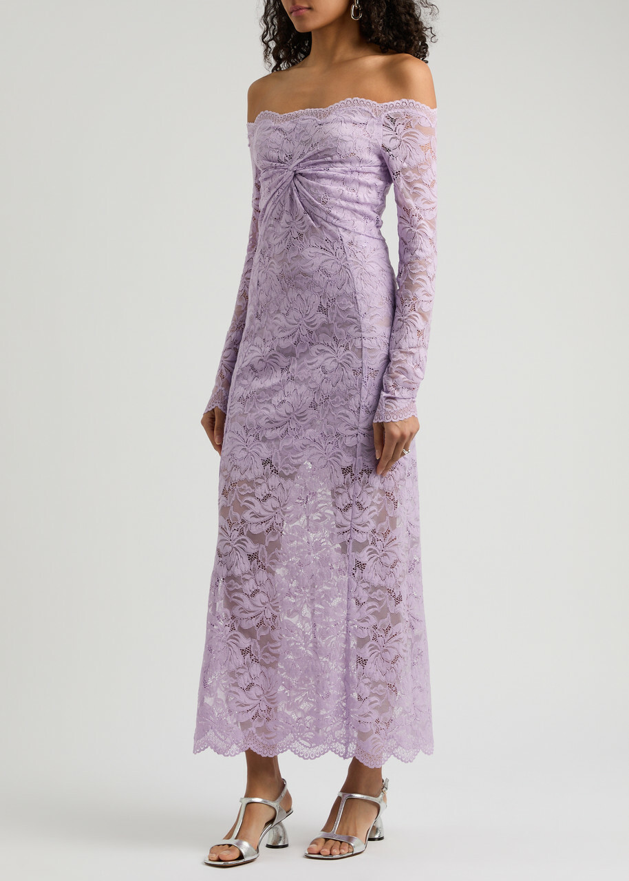 Rabanne Off-the-shoulder Lace Maxi Dress Lilac Paco Rabanne