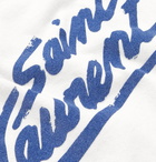 SAINT LAURENT - Logo-Flocked Stripe-Trimmed Distressed Cotton-Jersey T-Shirt - White