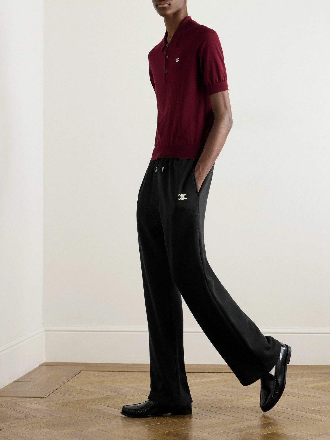 CELINE - Triomphe Straight-Leg Logo-Embroidered Cotton and Cashmere-Blend Jersey Sweatpants - Black