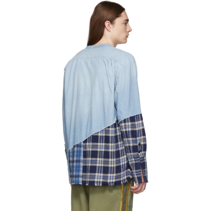 Greg Lauren Blue 50/50 Chambray Plaid Studio Shirt Greg Lauren