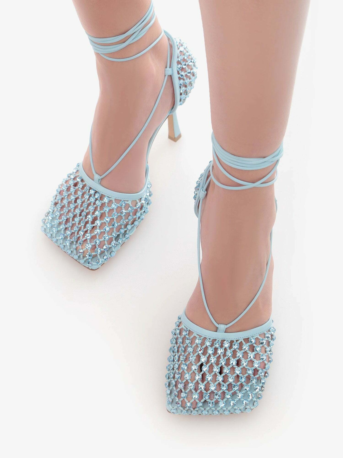 サンダル・ミュール BOTTEGA VENETA Pastel Light-Blue Mesh Stretch Sandals BOTTEGA VENETA STRETCH WEB HEELS – Belinda International