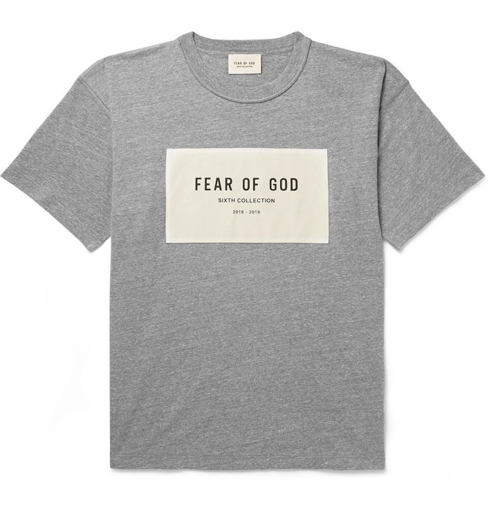 Photo: Fear of God - Oversized Logo-Appliquéd Mélange Cotton-Blend Jersey T-Shirt - Gray