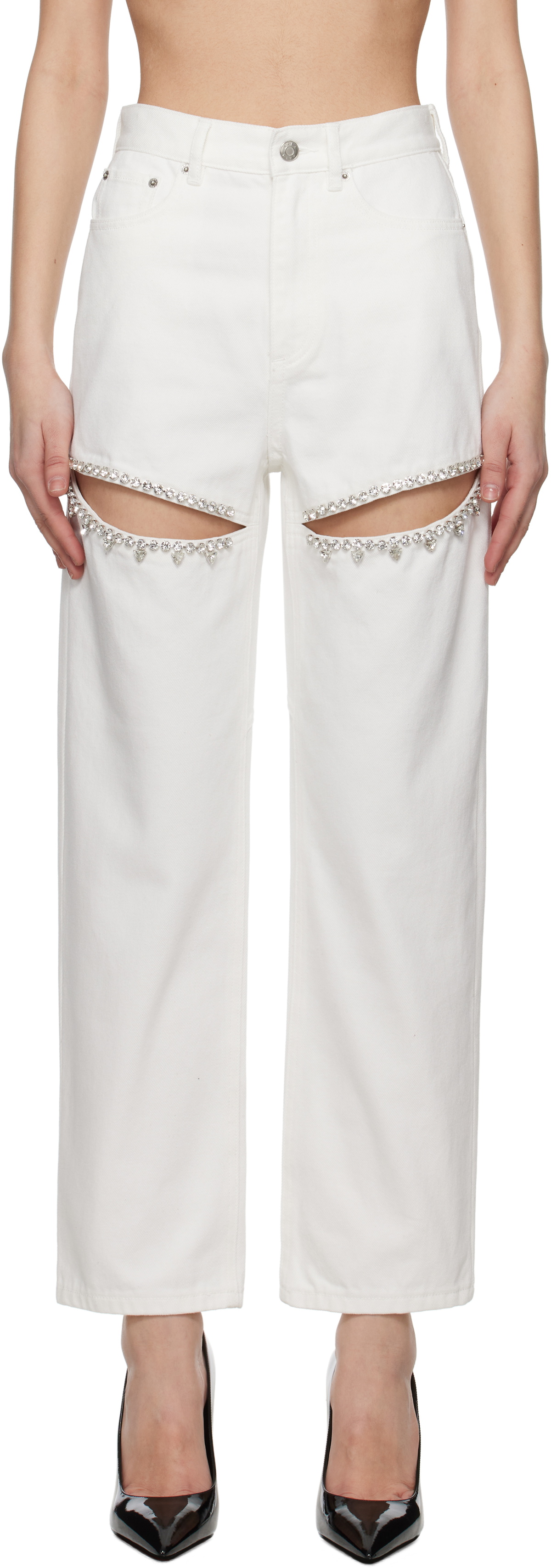 AREA White Crystal Slit Jeans