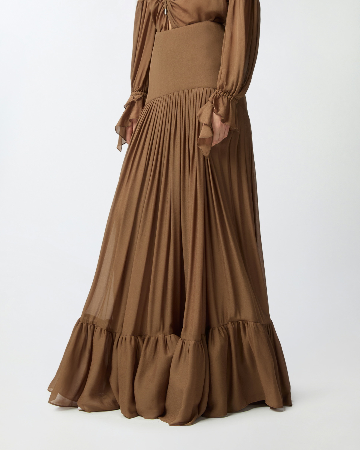 Pinko Long Frilly Skirt In Viscose Georgette Brown Acorn