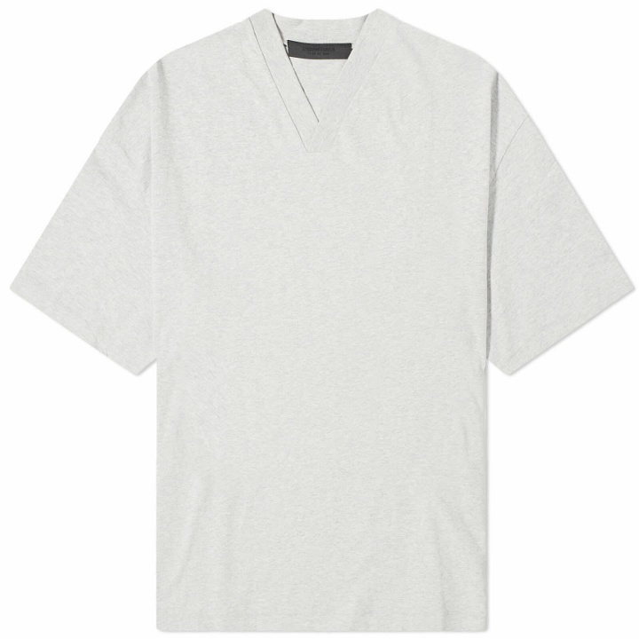 Photo: Fear of God ESSENTIALS Men's Spring Logo V-Neck T-Shirt in Light Heather Grey