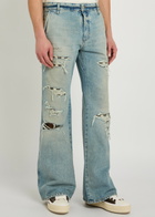 Amiri Checkered Repair Distressed Bootcut Jeans Indigo