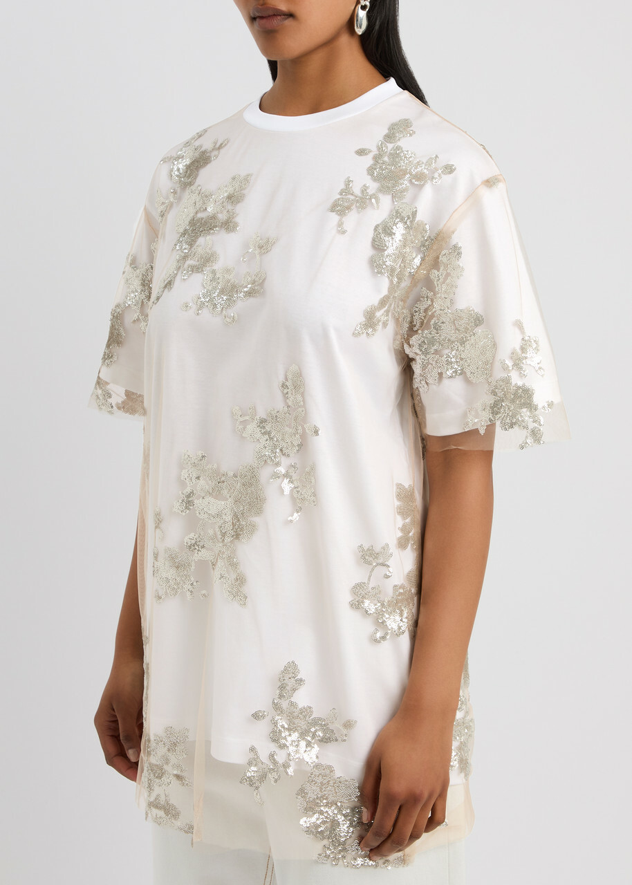 Marques' Almeida Floral Sequin-embellished Tulle and Cotton T-shirt White