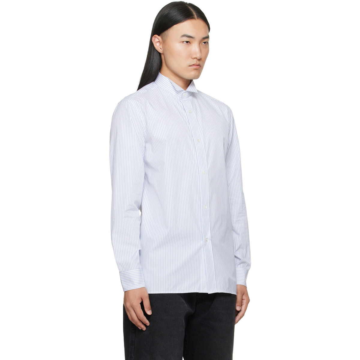 Maison Margiela White & Blue Striped Cotton Shirt