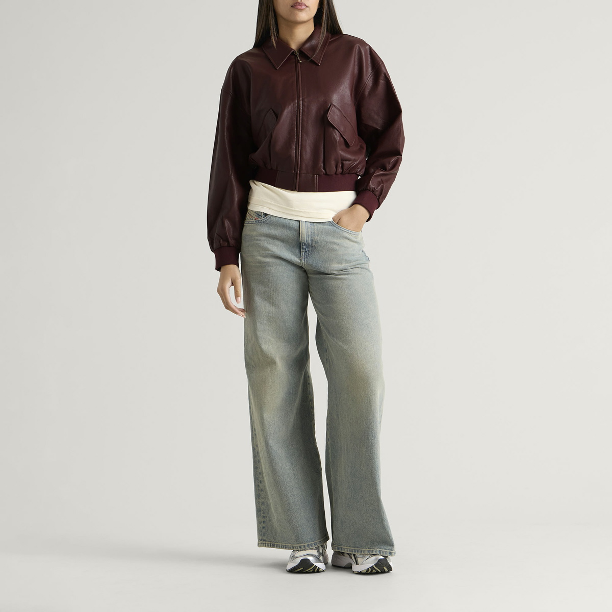 Good American Women's Leather Cropped Bomber Jacket in Berry Noir