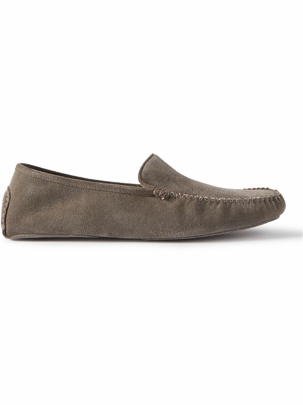 Photo: Thom Sweeney - Cashmere-Lined Suede Slippers - Brown