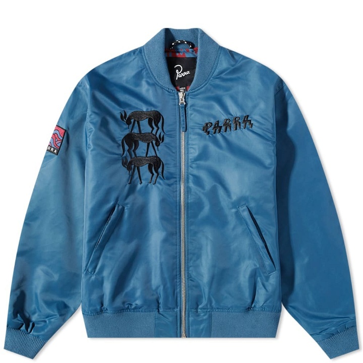 Photo: By Parra Men's Stacked Pets Varsity Jacket in Teal