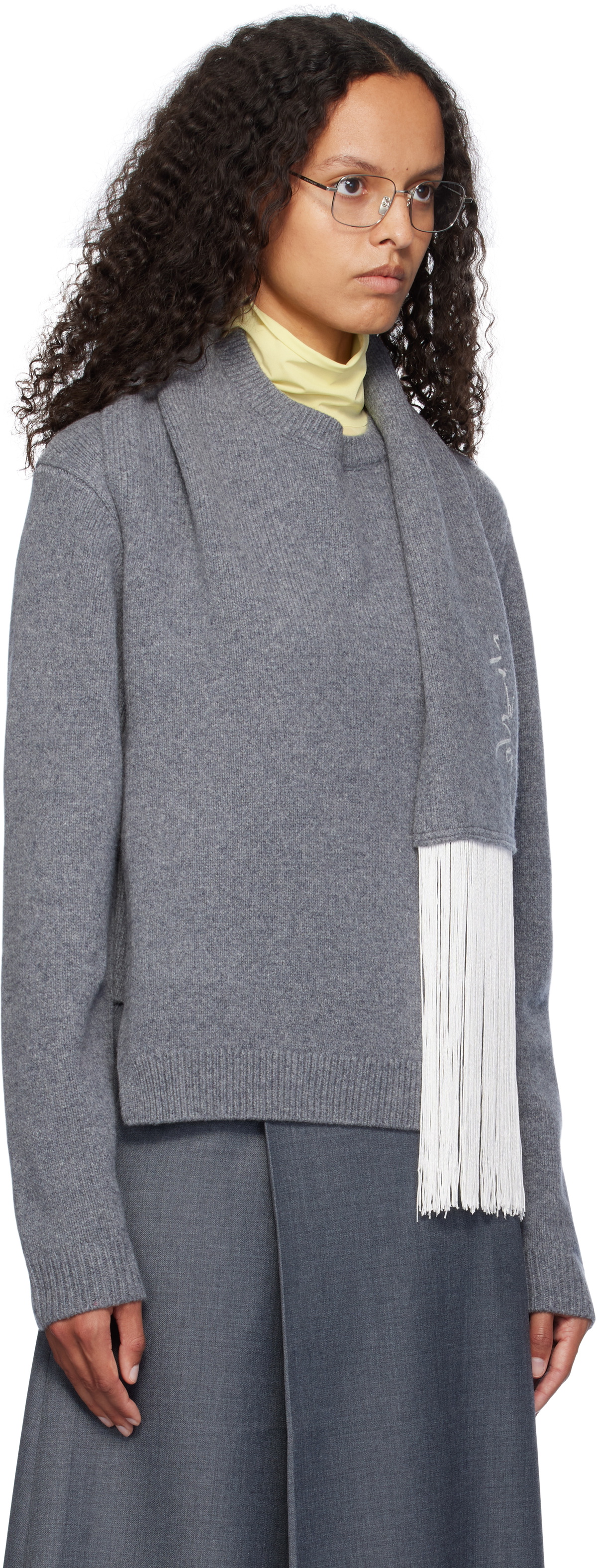 AO Yes Gray Fringed Scarf Sweater