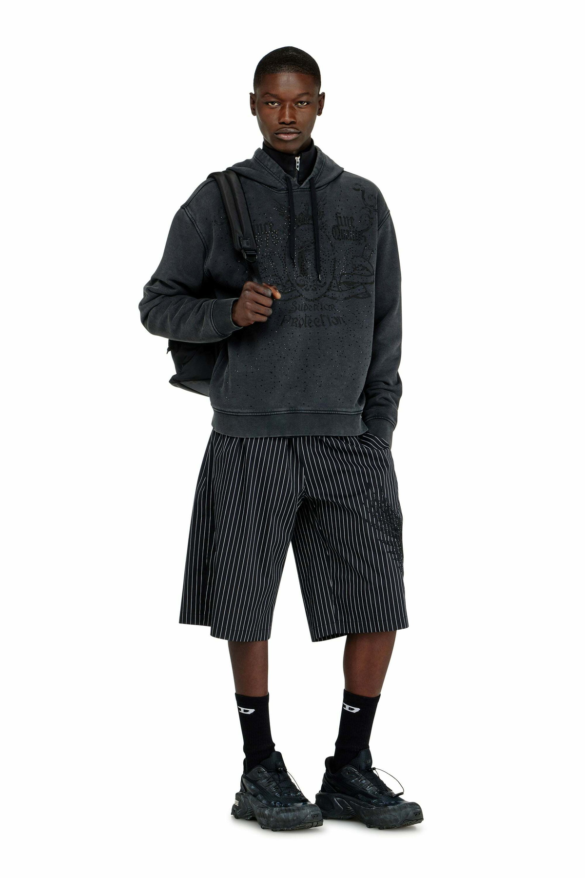 Diesel Printed hoodie with rhinestone studs - Sweaters Mens in Grey
