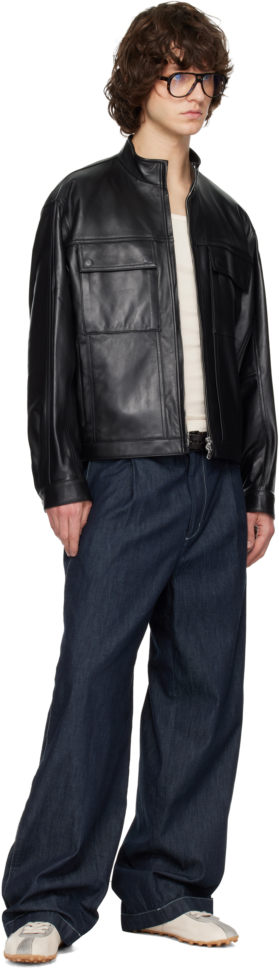 Solid Homme Black High-Neck Two-Pocket Leather Jacket
