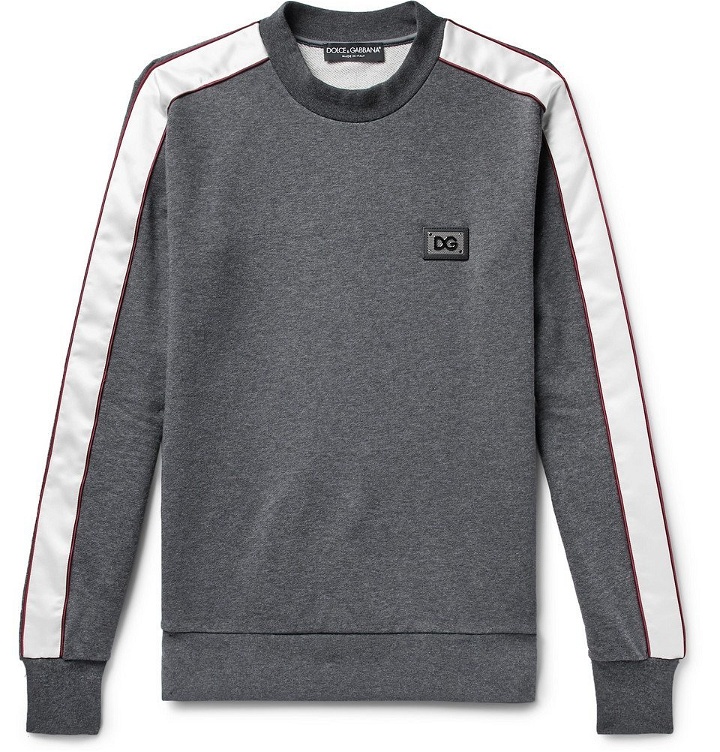 Photo: Dolce & Gabbana - Satin-Trimmed Logo-Appliquéd Loopback Cotton-Jersey Sweatshirt - Dark gray