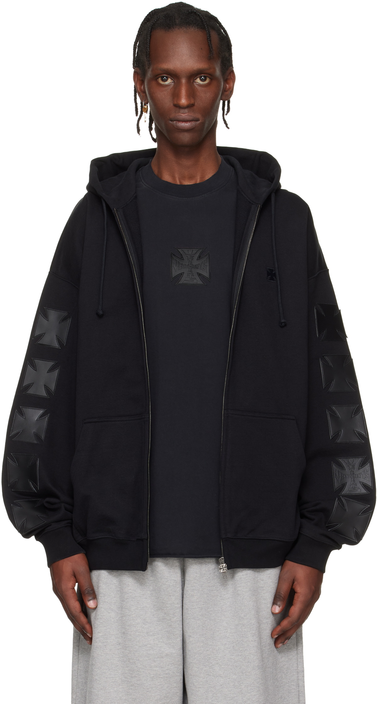 VETEMENTS Black Embroidered Logo Oversized Zip-Up Hoodie Vetements