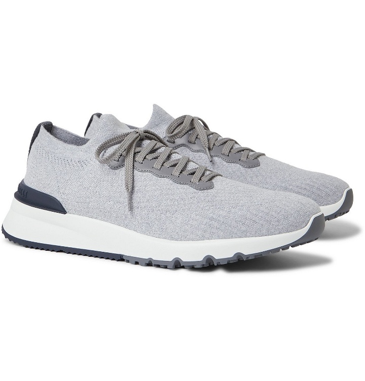Photo: Brunello Cucinelli - Leather-Trimmed Stretch-Knit Sneakers - Gray