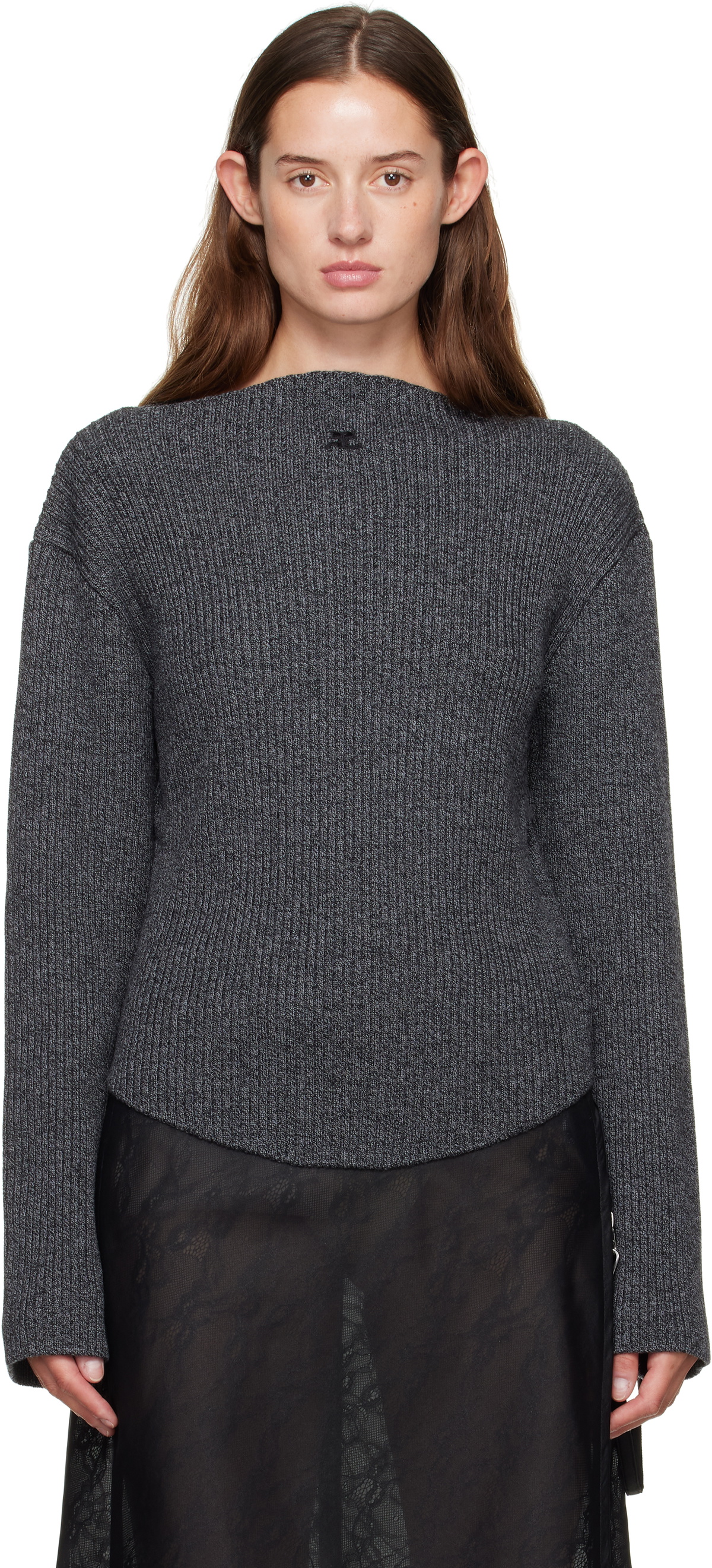 Courrèges Gray Boatneck Ribbed Wool Sweater