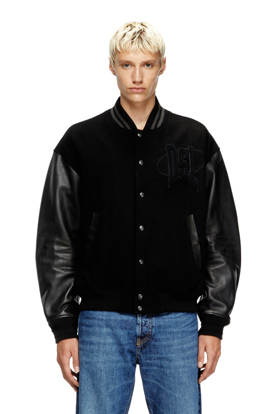 Photo: Diesel Varsity bomber jacket in cotton and leather - Leather jackets Mens in Black