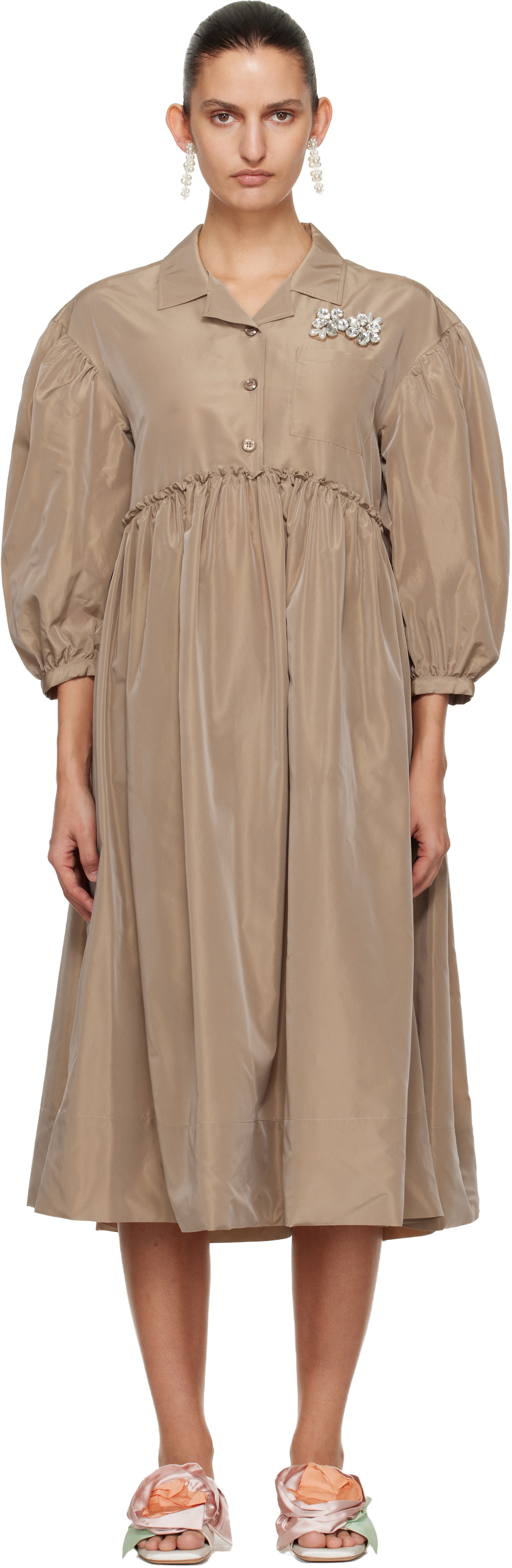 Simone Rocha Tan Embellished Signature Smock Shirt Midi Dress