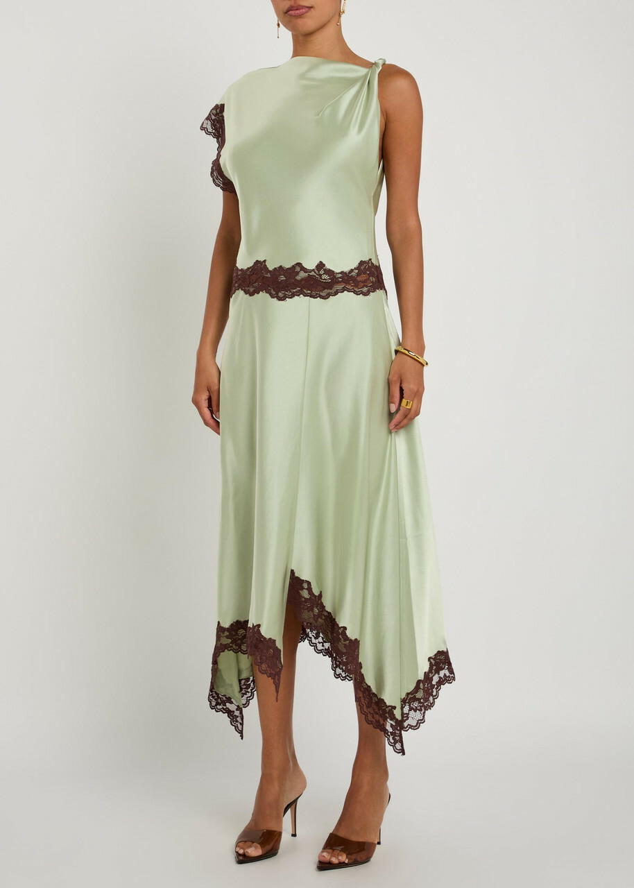 DE LA Vali Adriana Asymmetric Satin Midi Dress Light Green