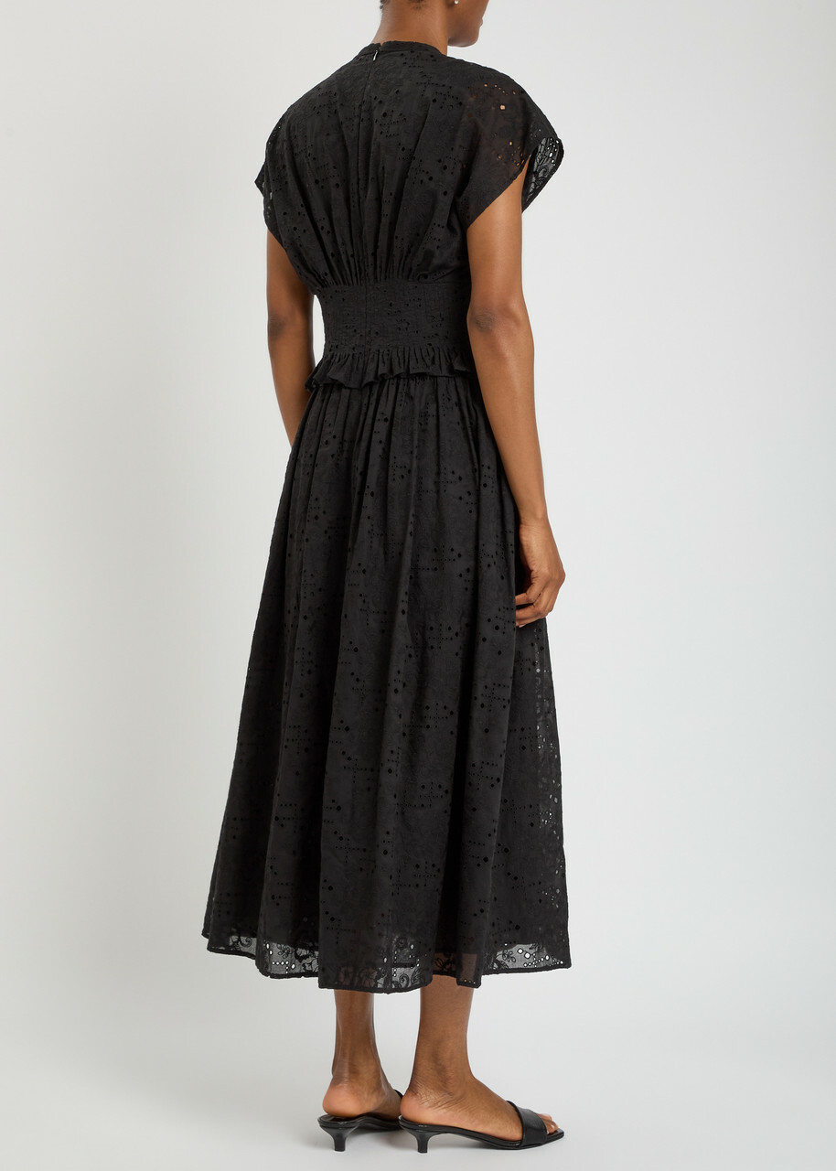 Tory Burch Embroidered Cotton Midi Dress Black