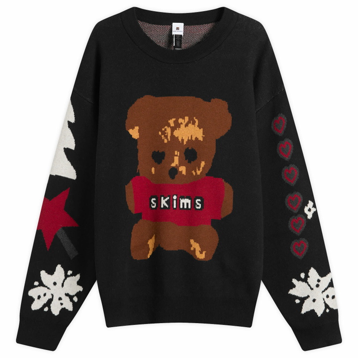 Photo: SKIMS Men's x Cactus Plant Flea Market Crewneck Pullover in Onyx Teddy Bear Snow Print